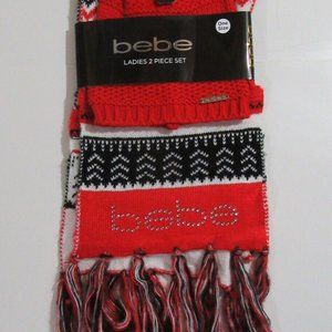 bebe Womens 2 Piece Scarf and Hat Set Red / Black NWT